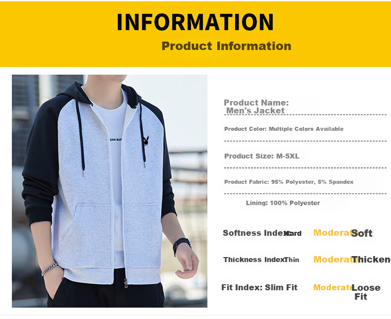 PLAYBOY Men's Spring Autumn Sports Windproof Casual Breathable Hooded Warm Jacket Khaki L 7