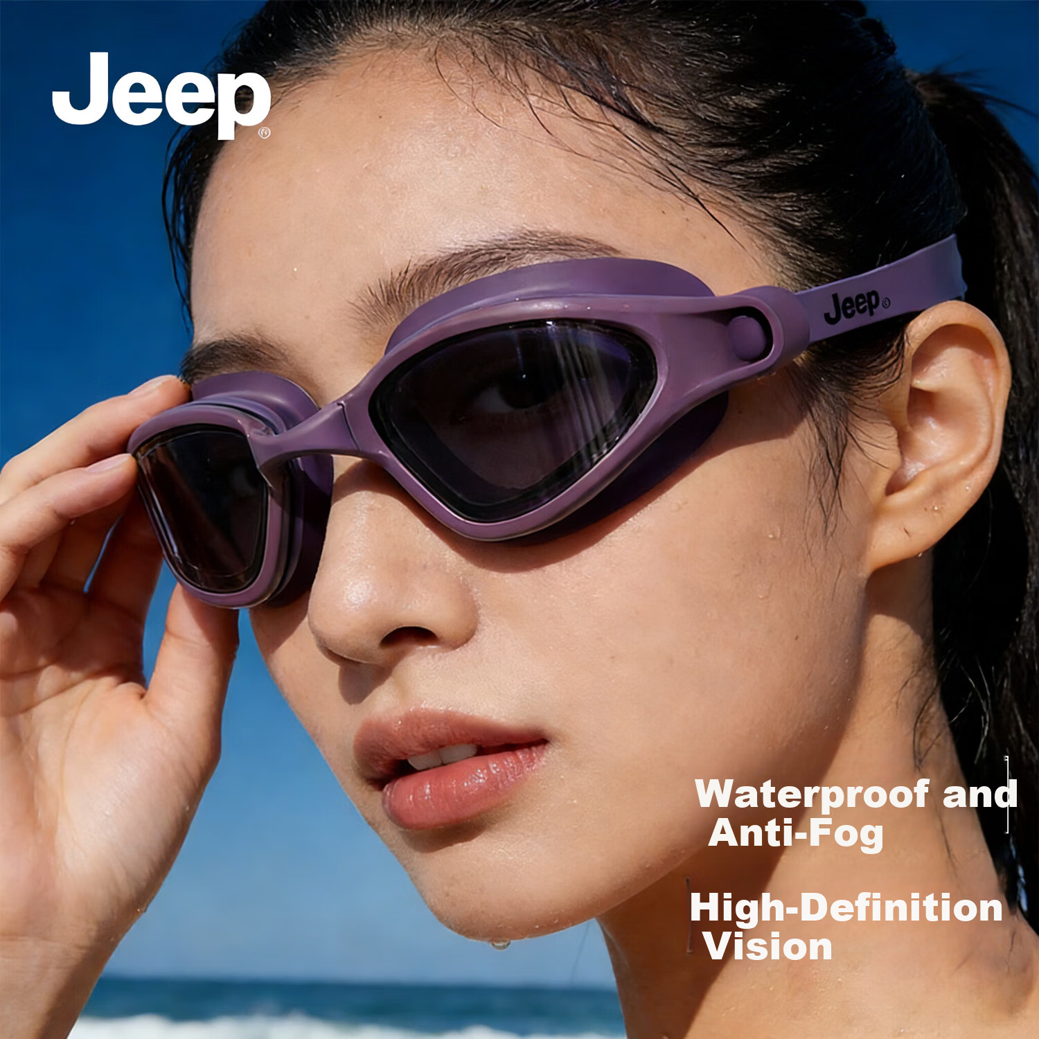 Jeep Prescription Swimming Goggles for Women, High-Definition, Waterproof, Anti-Fog, Professional Adult Swim Goggles for Men, Soft Purple Tint, Power 200