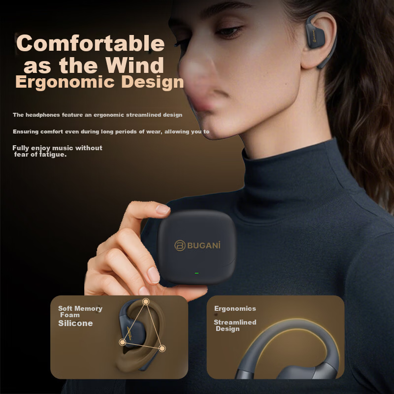 BUGANI Fit B18 Bluetooth Earphones Ear-Hook Open Wireless In-Ear AI Simultaneous Translation Sports Running Noise-Cancelling Ear Clips Comfortable Long Wear Black