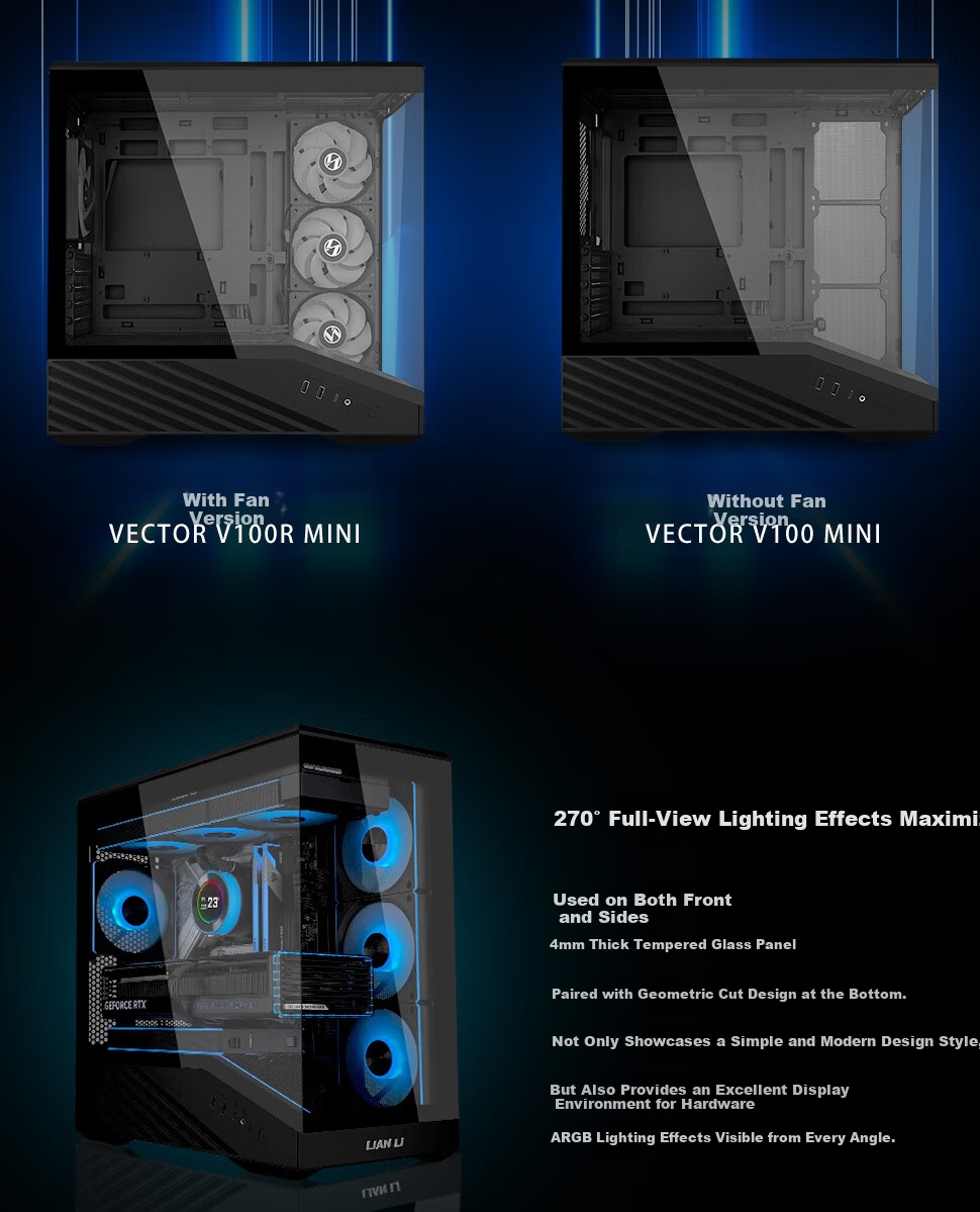 LIANLI Lianli Fengyi V100 MINI PC Case Pre-installed 4 Fans Seaview Case Black / Supports M-ATX Motherboard / 360mm Water Cooling / Pre-installed GPU Bracket 3