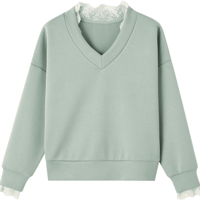 MT Morandi Series Spring Korean Style Air Layer Lace Splice V-Neck Loose Fit Slimming Women's Sweatshirt
