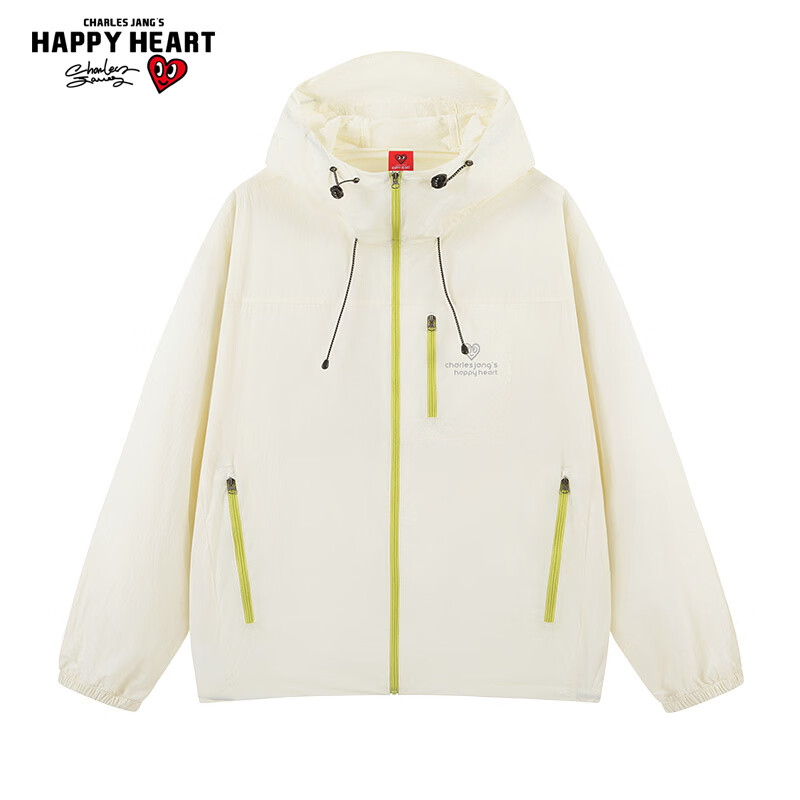 Charles Peach Heart Summer Outdoor Hooded Couple Sun Protection Jacket UPF50+ Lightweight Breathable Casual Unisex Ivory White XS