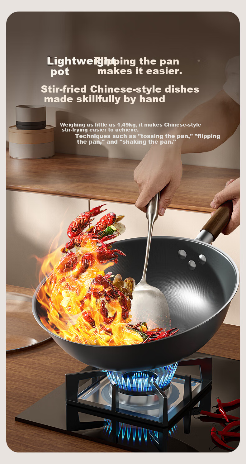 VATTI Titanium Iron Wok Non-Coated Non-Stick Stir Fry Pan Nitride Rust-Resistant Compatible with Gas Stove and Induction Cooker 12