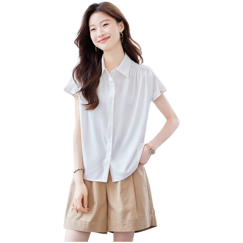 Jeanswest Women's Short Sleeve Shirt Summer Slim Fit Solid Color Professional Collared Top Gray S