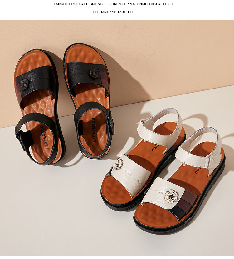 LAORENTOU Women's Genuine Leather Flat Sandals, Beach Non-Slip Soft Sole Middle-Aged and Elderly Sandals LK13182 - Black Size 35 4