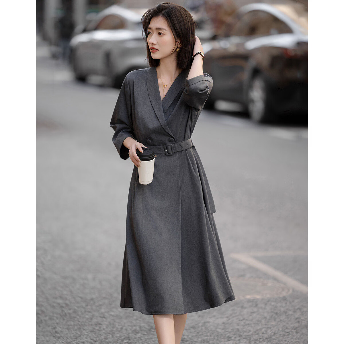 Demana Smart Elegance Spring Commuter Mandarin Collar Double-Breasted Mid-High Waist Three-Quarter Sleeve Buttoned Women's Dress