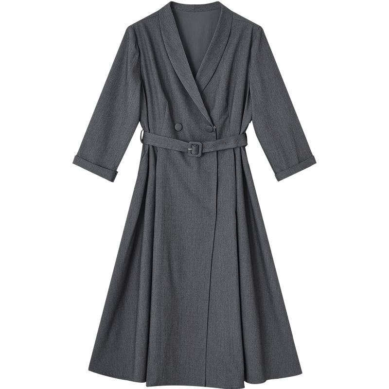 Demana Smart Elegance Spring Commuter Mandarin Collar Double-Breasted Mid-High Waist Three-Quarter Sleeve Buttoned Women's Dress
