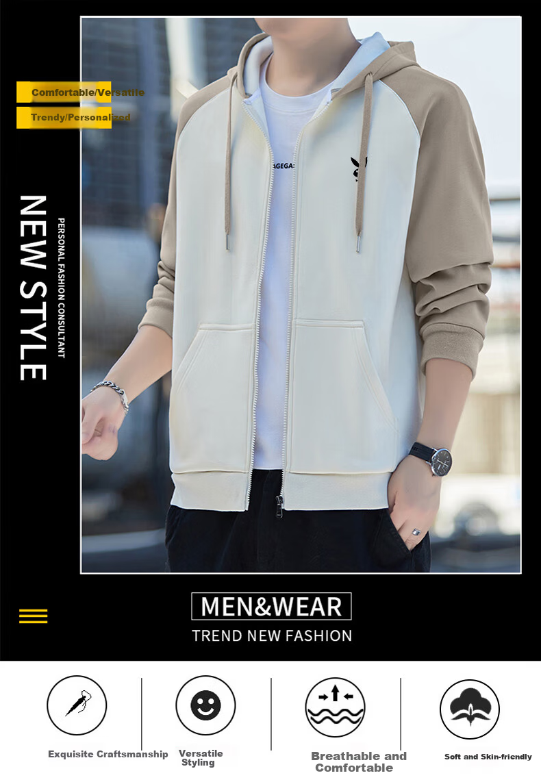 PLAYBOY Men's Spring Autumn Sports Windproof Casual Breathable Hooded Warm Jacket Khaki L 2