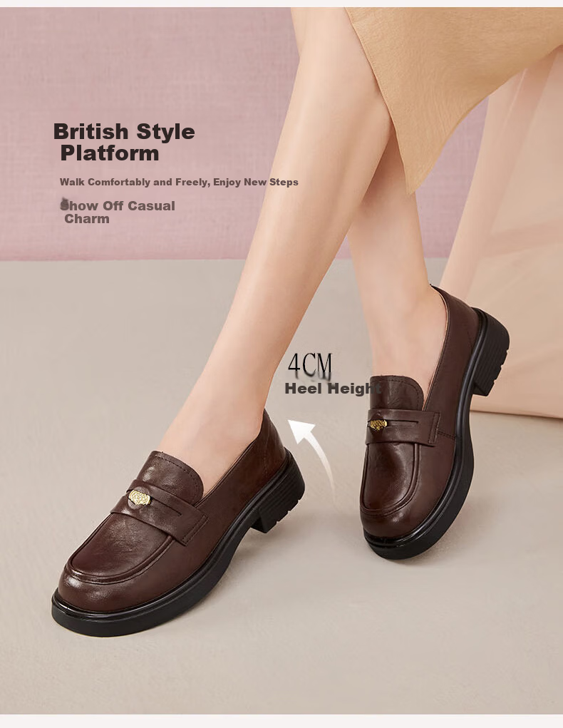 Basto Mall Same Style [Genuine Leather] College Style Loafers Chunky Heel Women's Shoes Black Size 35 9