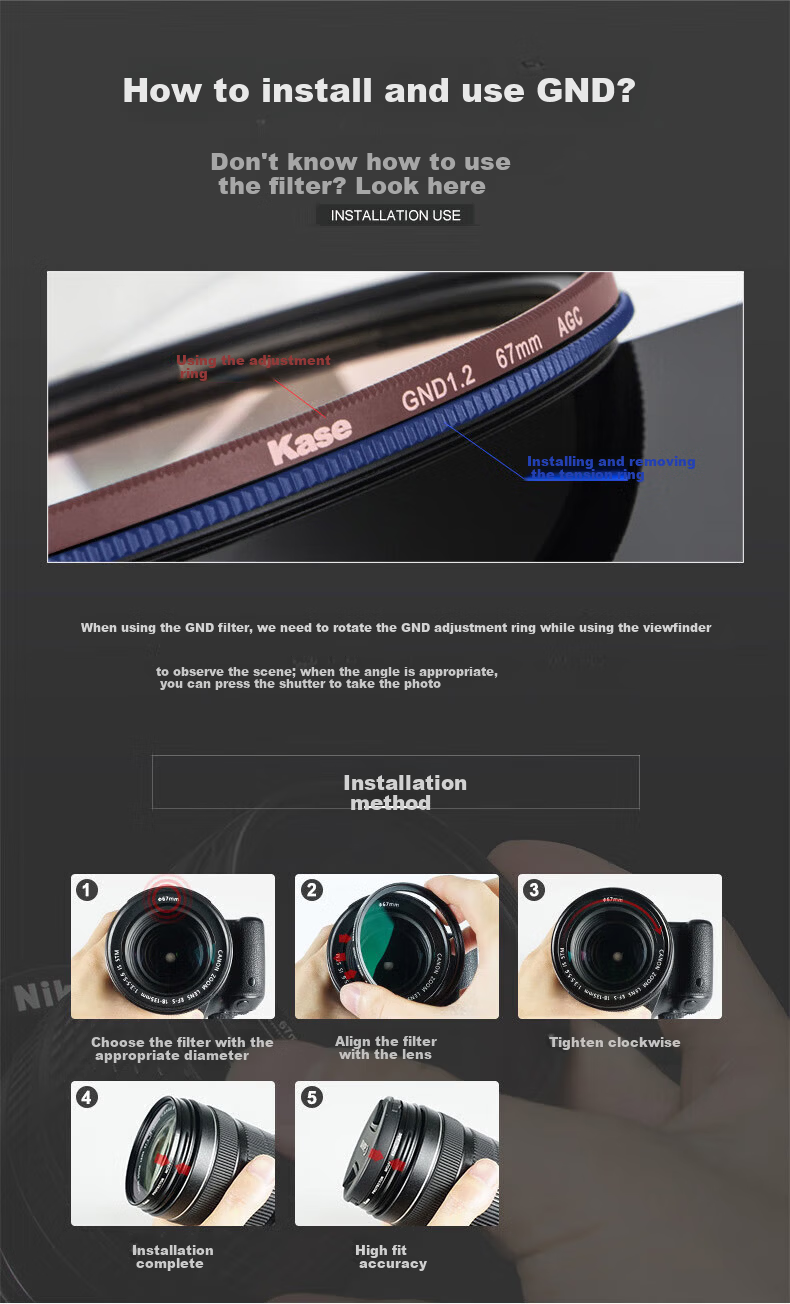 Kase GND0.9 Graduated Neutral Density Filter Gradient Gray Glass Multi-Coated Sunrise Sunset Photography Light Balance AGC Version GND 0.9 (3 Stops Reduction) 82mm 9
