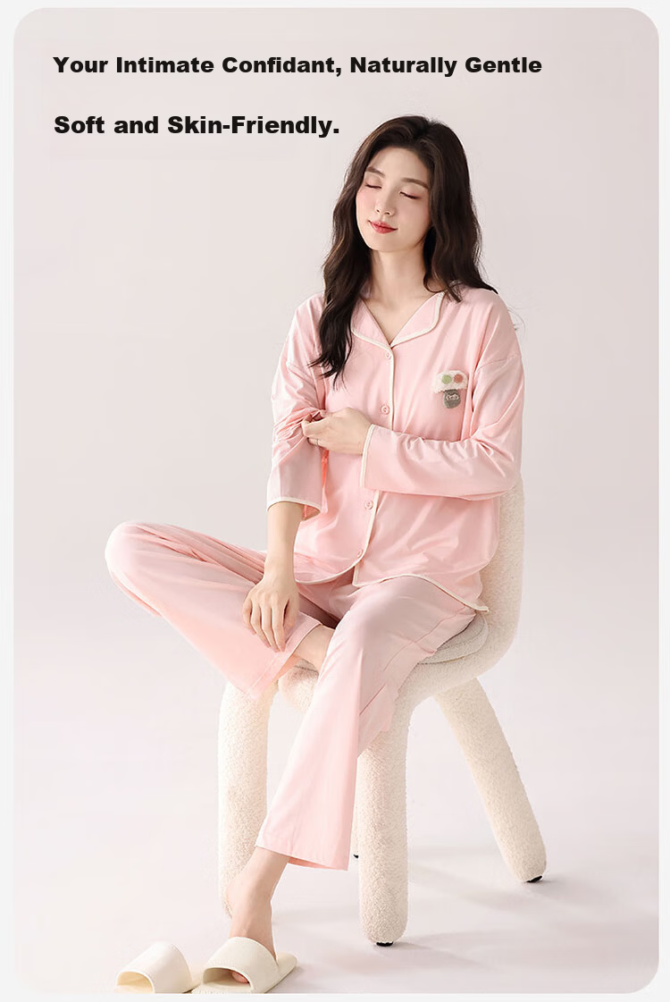 Yalu 100% Cotton Women's Pajamas 2025 New Summer Autumn Lace Cardigan Long Sleeve Long Pants Homewear Suitable for Outdoor Wear 4