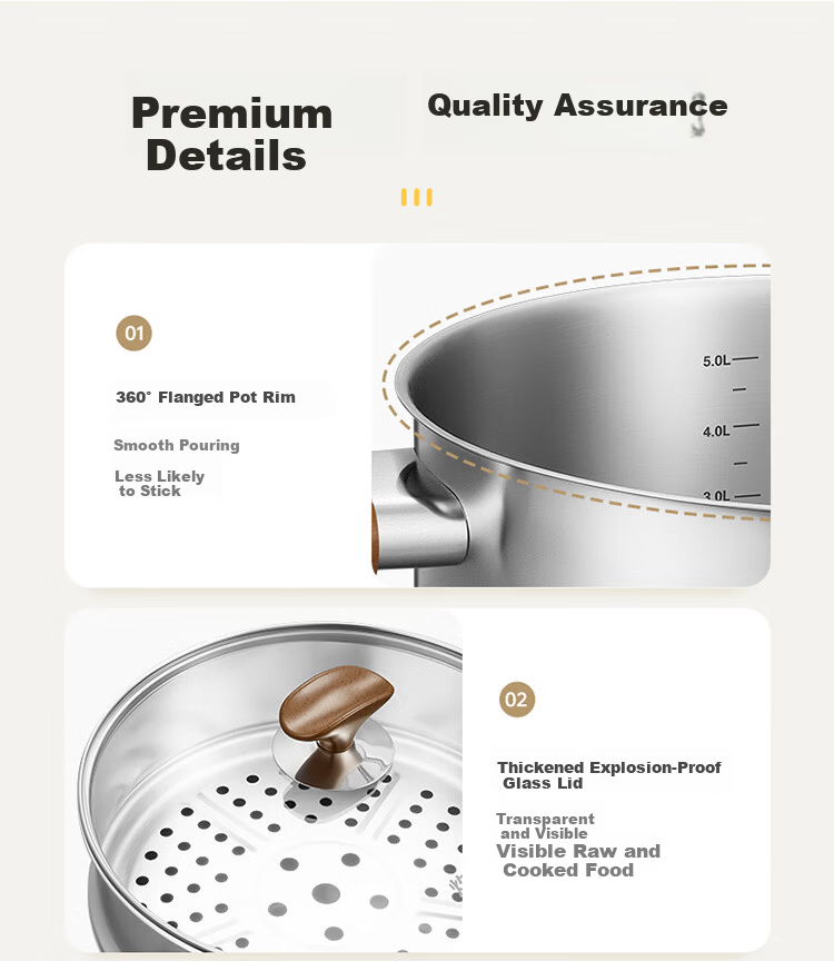 COOKER KING 316L Stainless Steel Soup Pot Baby Food Supplement Pot Stew Pot Steamer Double Handle Porridge and Noodle Cooking Pot 22cm 13