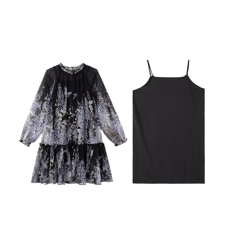Demana Elegant Chiffon Spring Ruffle Collar Printed Two-Piece Slim Fit Dress for Women