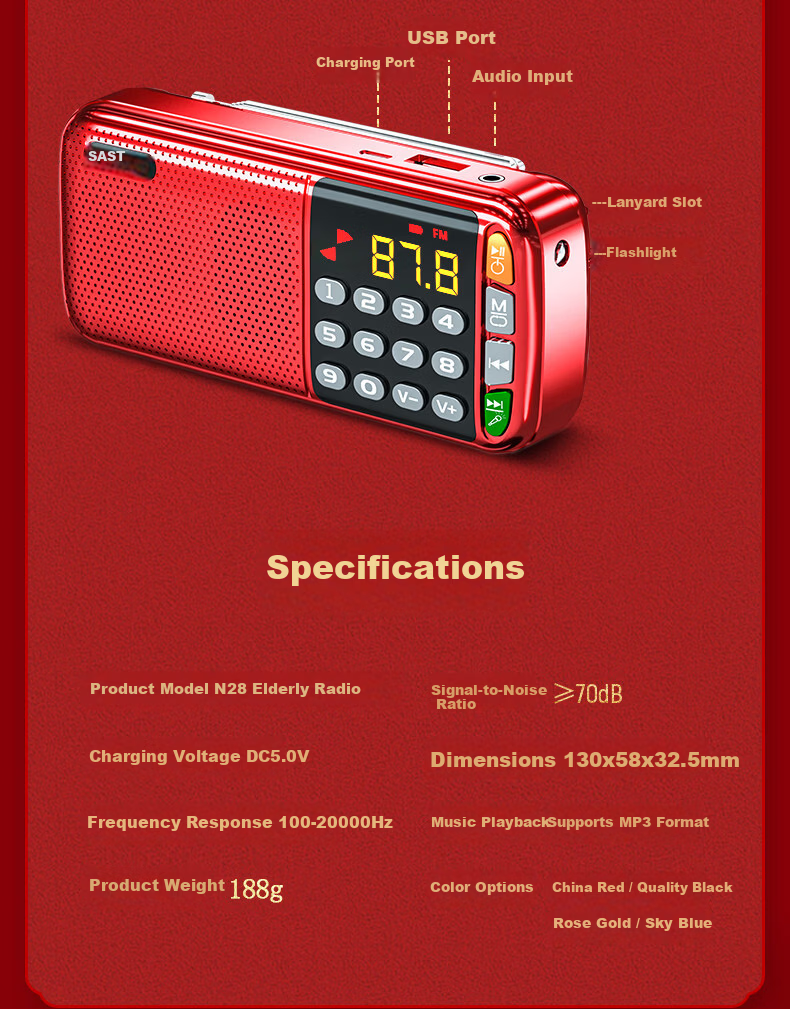 SAST N28 Portable Mini Radio for Elderly, Rechargeable Card Player, FM Broadcast, Music Player, Semiconductor Opera Player, Rose Gold + 8GB Memory Card 17