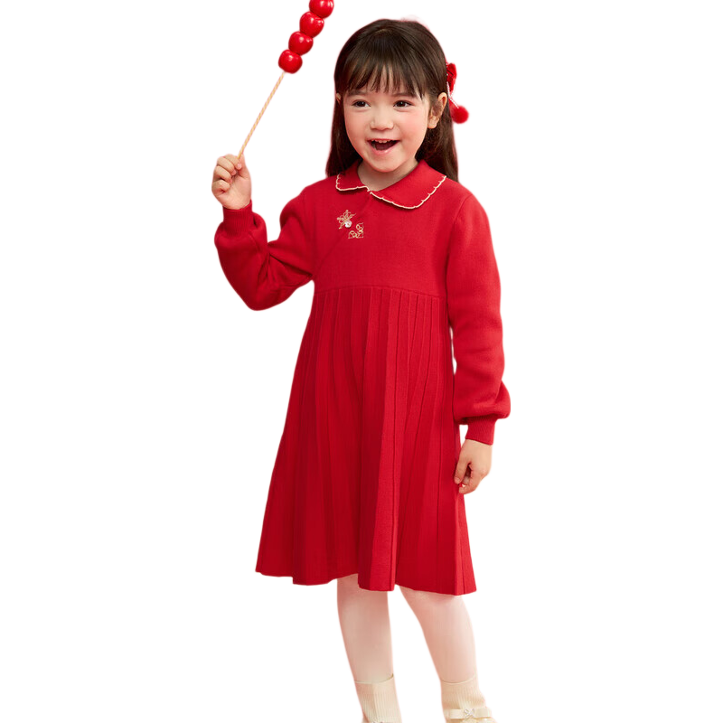 BALABALA Girls' New Chinese-Style Knitted Dress, Spring 2025 Collection, Red Pleated Princess New Year Dress, 208125111001