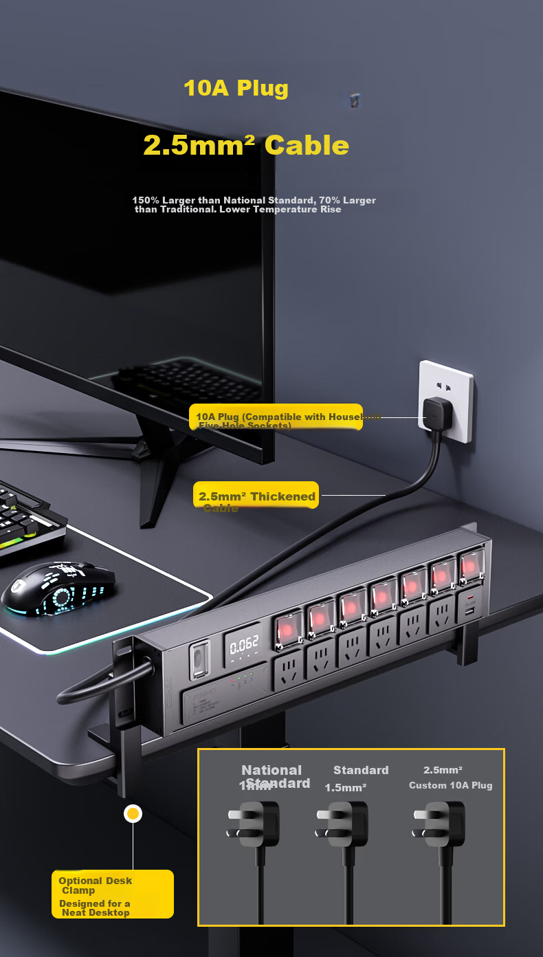 Demufen Control PDU Power Strip 8-Outlet Independent Dual Switches 1 Wired 2.5mm² 10A Plug Overload Surge Protection DMCN-2UT-XG8-Kx8KF 1