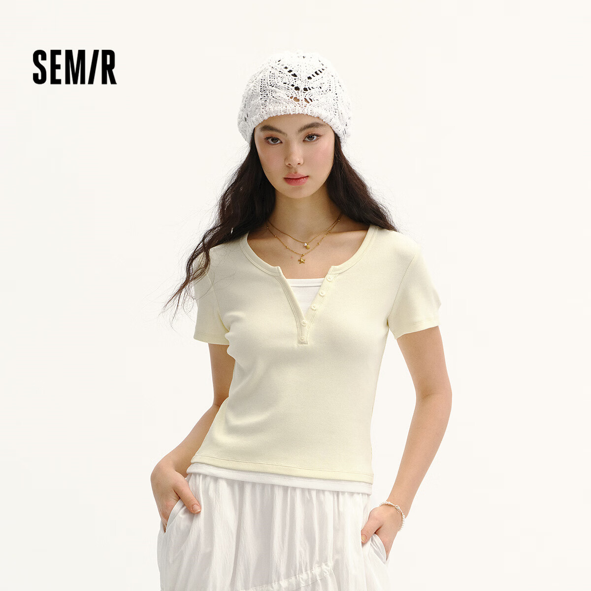 Semir Mall Style | Women's Summer Short Sleeve T-Shirt, Short Colorblock Fake Two-Piece, 2026 Shoulder Top 101326100004