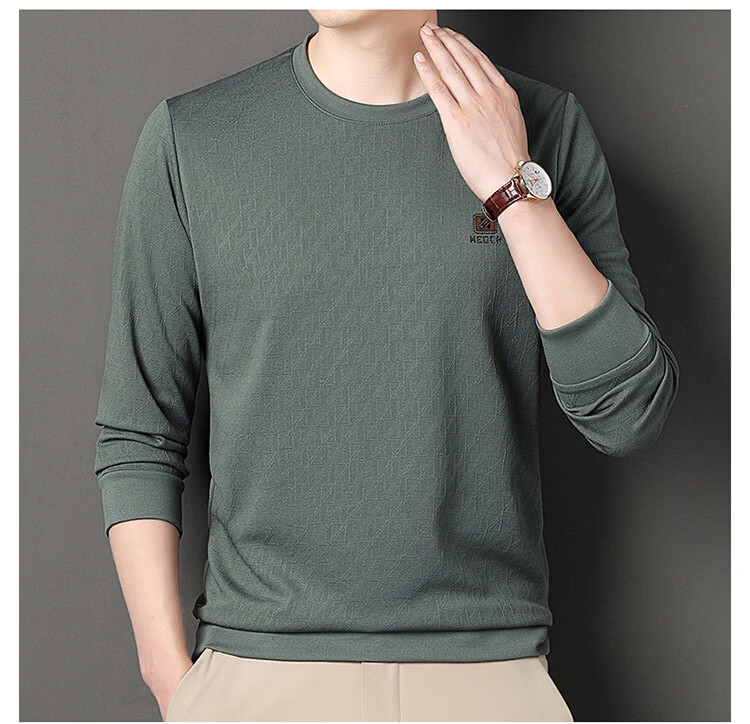 Pierre Cardin Men's Sweatshirt Spring and Autumn Business Casual Long Sleeve T-Shirt Elastic Skin-Friendly Base Shirt Men's Clothing Bean Green L 7