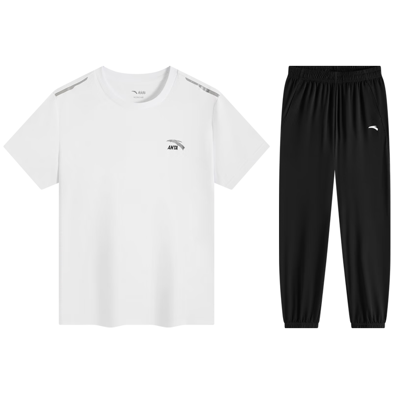 ANTA Kids Boys and Girls Easy-Clean Sports Set 2026 Summer Skin-Friendly Breathable Short Sleeve and Long Pants A72627704