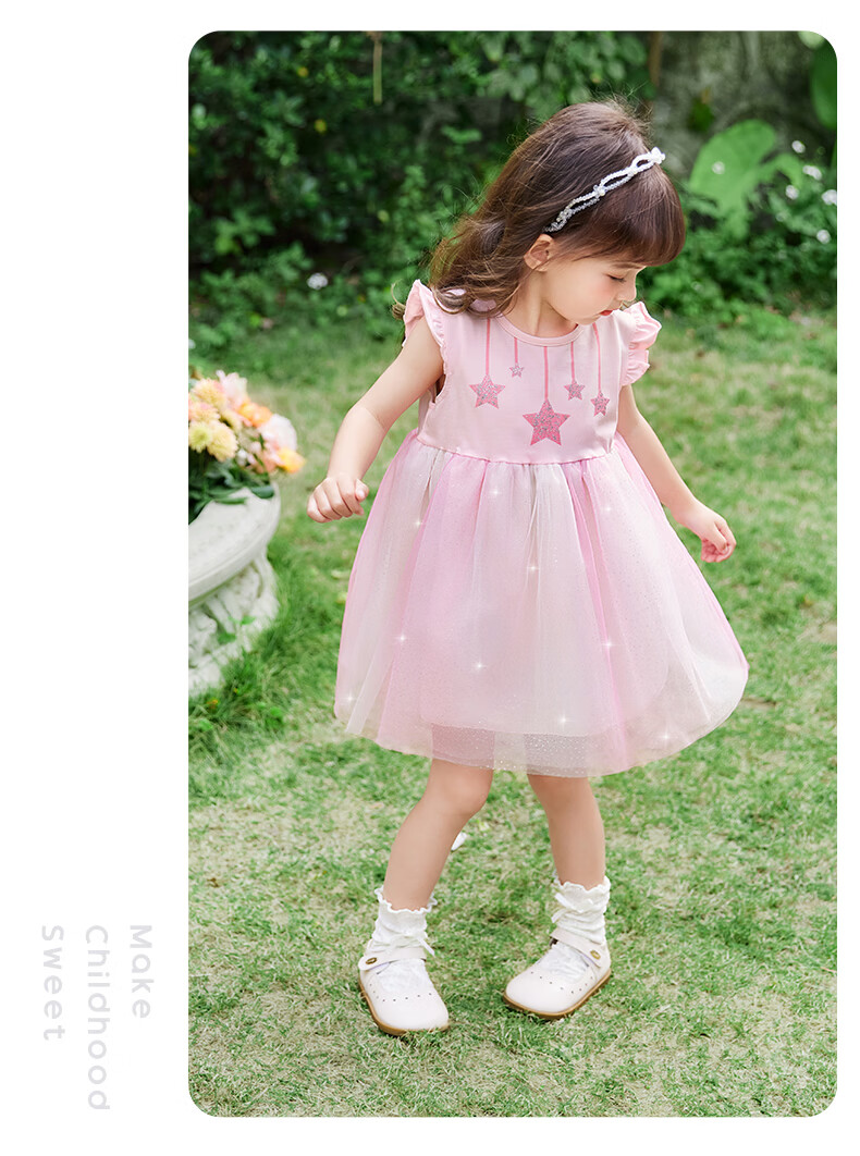 JELLYBABY Flutter Sleeve Fairy Dress Summer Girls Baby Patchwork Mesh Breathable Lightweight Skirt 28
