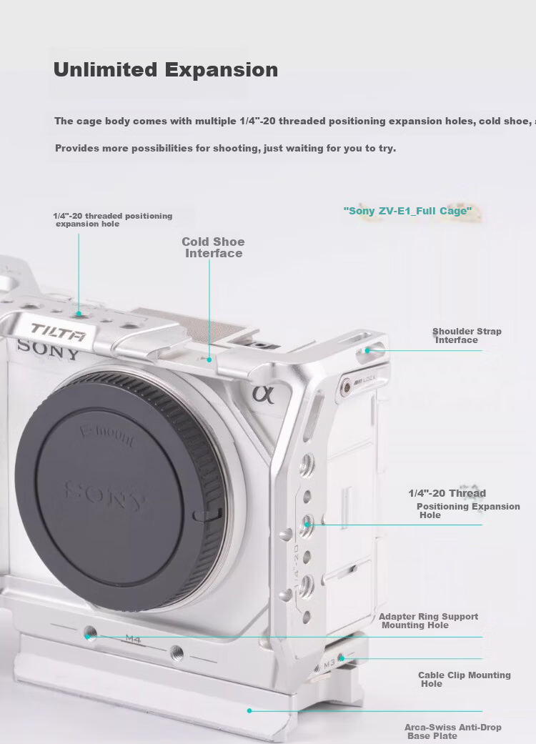 TILTA Iron Head Rabbit Cage Camera Expansion Frame for Sony ZV-E1 Camera Kit Protective Cage Compatible with Sony Mirrorless ZV-E1 Vlog Photography Expansion Accessories Full Cage - Silver 21