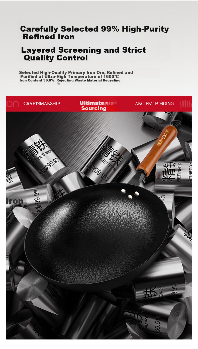 Sacon Handmade Forged Iron Wok Rust-Resistant Non-Coated Non-Stick Round Bottom Stir Fry Pan 32cm with Lid Compatible with Gas and Induction Cooktops 6