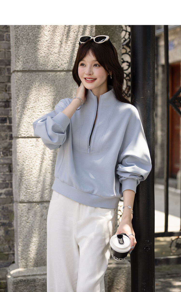 MT Spring Sports Casual 350G Air Layer Half-Zip Loose Sweatshirt for Women with Reversible Collar 5