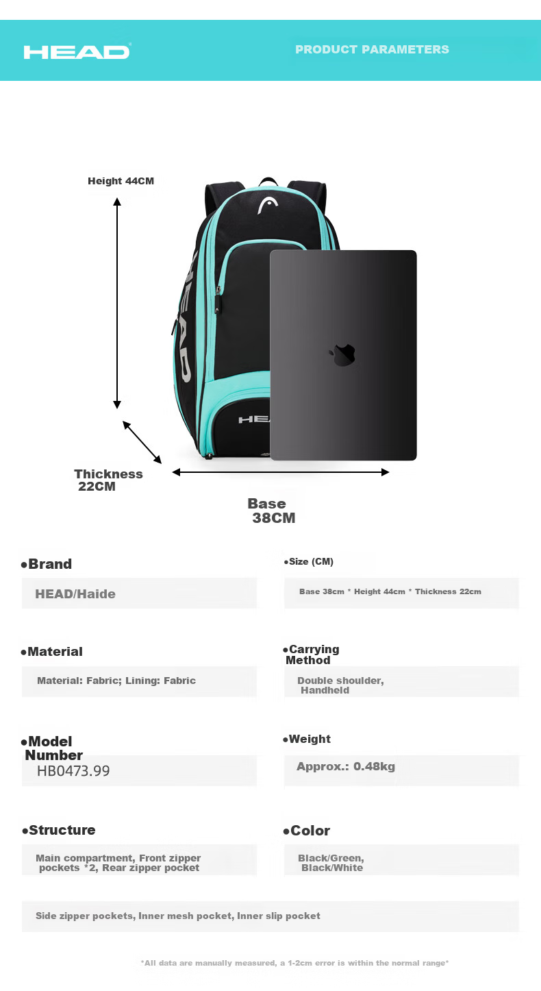 HEAD Tennis Open Tennis Double Shoulder Bag Fitness Badminton Backpack Travel Bag Multifunctional Laptop Bag 3