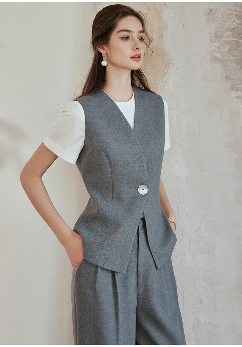 ROEYSHOUSE Women's Premium Minimalist Slim Fit Vest Spring Professional OL Commuter Jacket 10193 Light Gray S 13