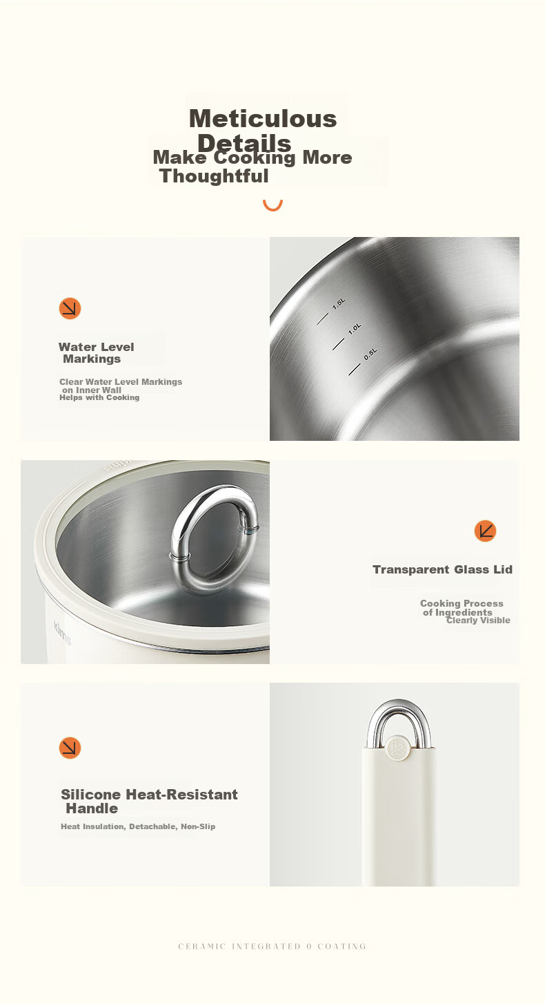 Kims Cook Non-Coated 316L Stainless Steel Ceramic Baby Food Pot Milk Warmer Soup Pot 20cm Yellow with Steamer Basket 15