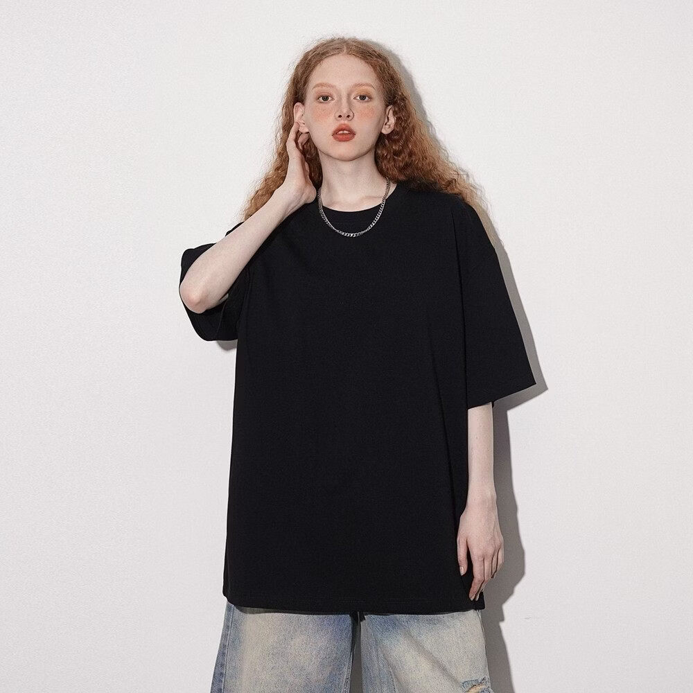 ICH MODE 300G Heavyweight American Style Versatile Short Sleeve T-Shirt Women Pure Cotton White Summer Crew Neck Half Sleeve Top Black S