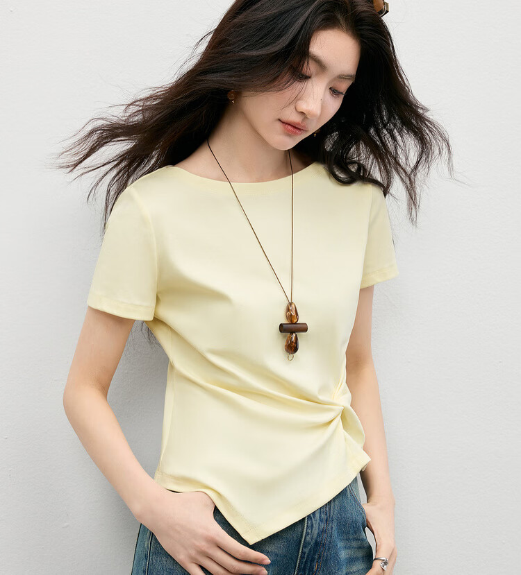 Shangdu Bila Off-Shoulder Pure Cotton T-Shirt Women Spring Summer Twist Knot Irregular Hem Short Sleeve Slimming Top 16