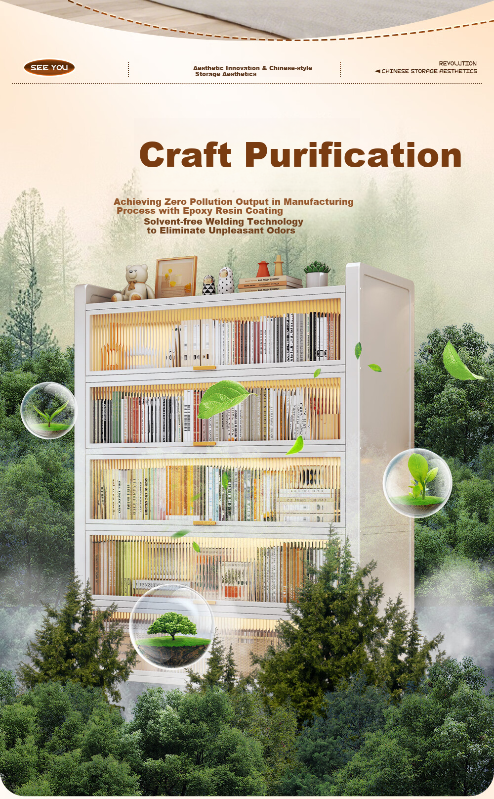 Jiahui Premium Bookshelf Home Floor-Standing Dustproof Storage Cabinet Multi-Layer with Doors White 3-Tier 120cm Length 10