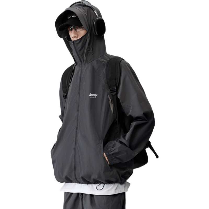 JEEP Outdoor Ice Silk Sun Protection Jacket Unisex Summer UV Protection Fishing Hiking Sunproof Coat Black Gray S
