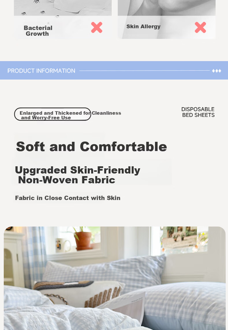 Qihaiqiu Disposable 3-Piece Bedding Set Thickened Sheet Duvet Cover Pillowcase Portable Single Hotel Travel Business Blue Gray Plaid 5