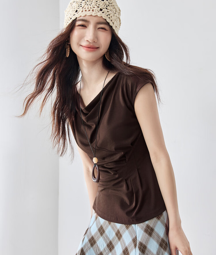 Shangdu Bila Lenzing Tencel Casual T-Shirt for Women Spring Summer Design Off-Shoulder Slimming Pleated Knitwear 19