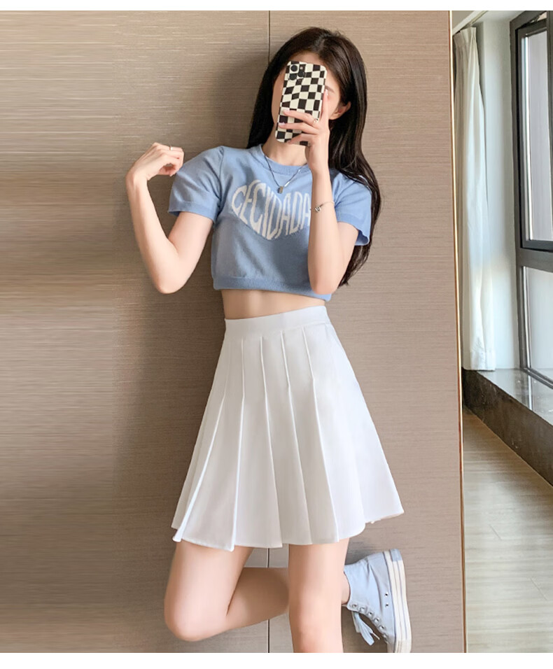 Langsha Pleated Half Skirt for Women Spring Summer Elastic Waist High Waist Slimming JK School Style A-Line Short Skirt with Pockets 19