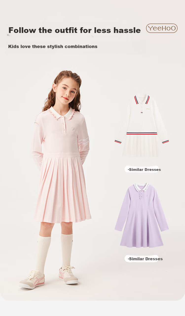 YEEHOO Girls' Dress Children's Skirt Pleated Skirt Casual School Style Long Sleeve Spring White Size 130 5
