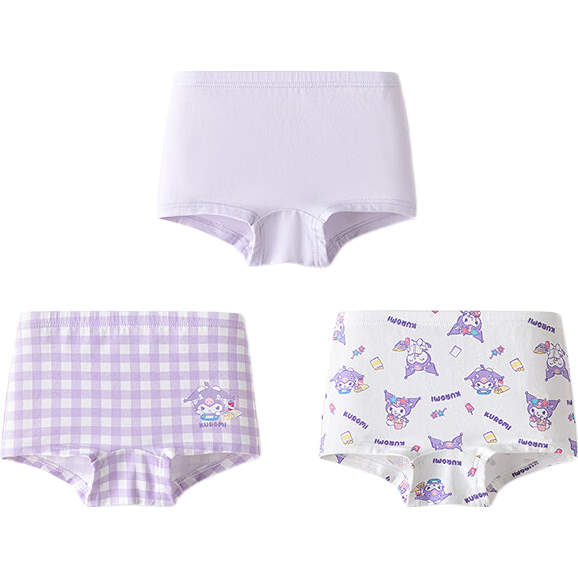 BALABALA Girls' Cotton Boxer Shorts, Antibacterial Crotch, No Wedgie, Three-Pack [Kuromi IP] 209925170025