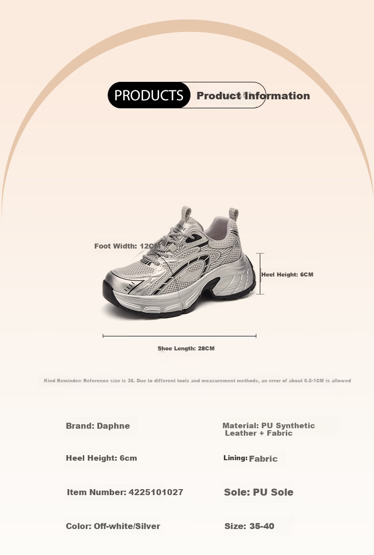 DAPHNE Women's Dad Sneakers New Breathable Casual Thick-Soled Sports Shoes Silver Size 39 2