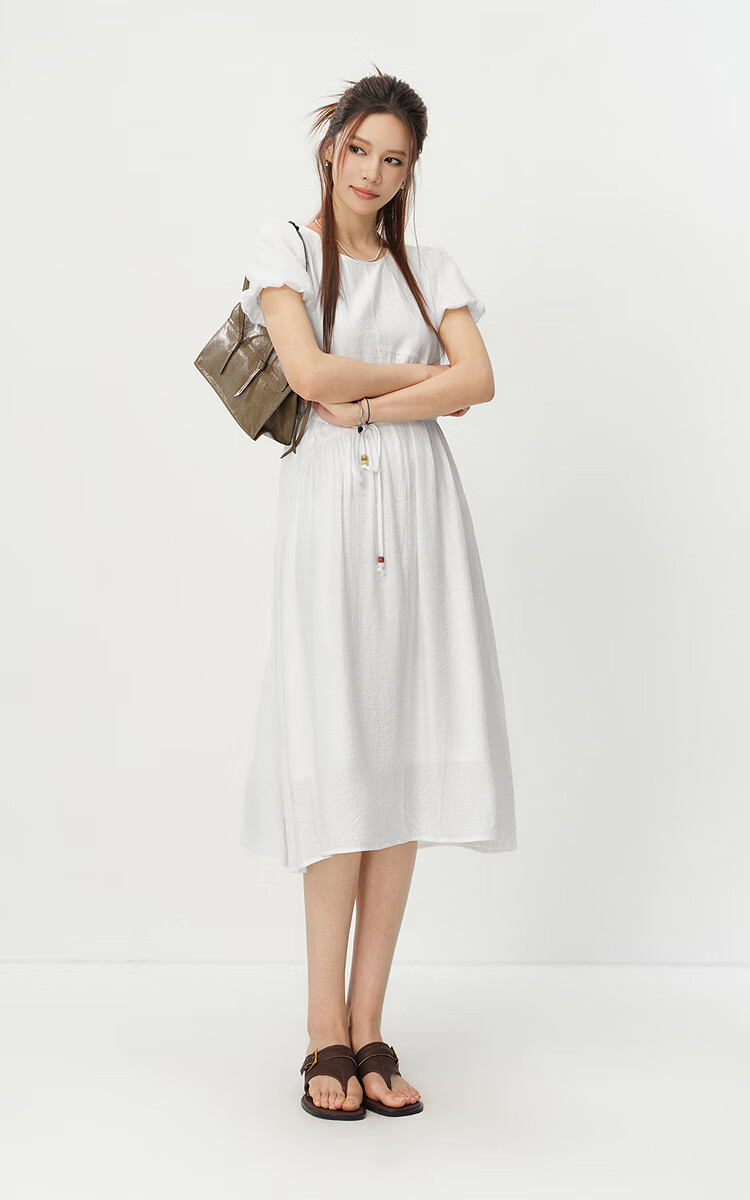 Semir Women's Summer Dress Puff Sleeve Waist-Defined Textured Long Dress 2026 Elegant Vacation Style White Dress 109326114033 2