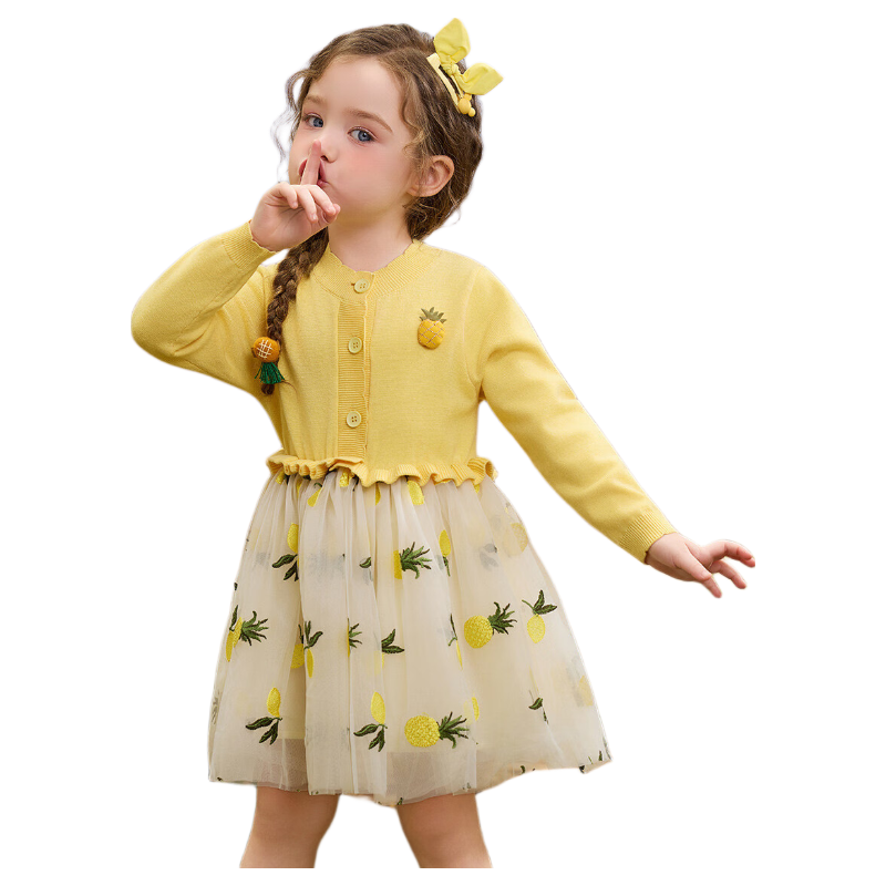 ASK JUNIOR Kids Dress Spring Toddler Patchwork Mesh Knit Dress Girls Ruffle Princess Dress Yellow 120