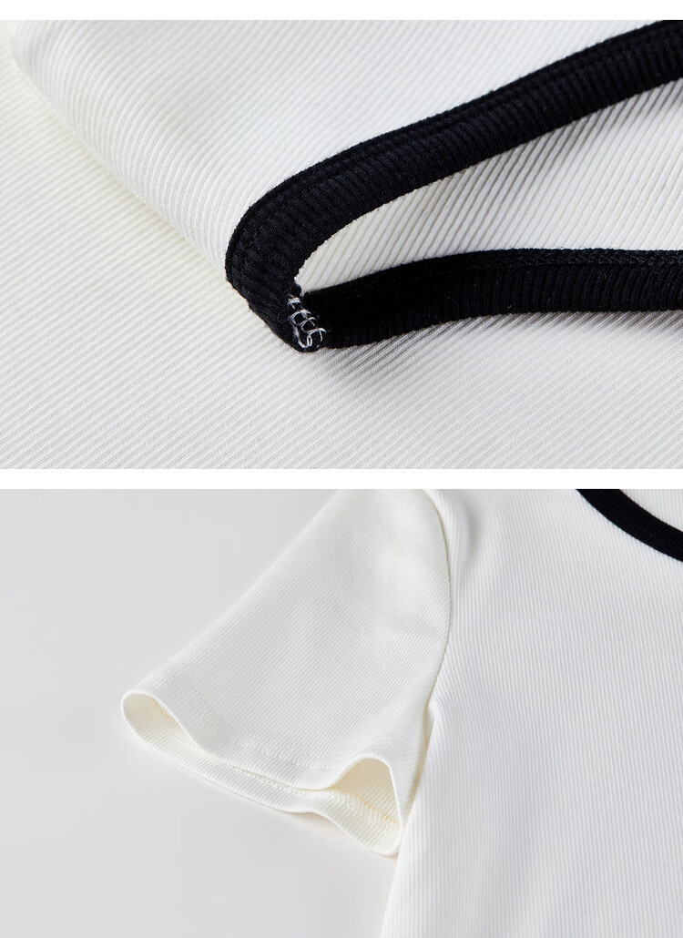 Shangdu Bila Colorblock U-Neck Cotton Blend T-Shirt Women Spring Bow Embroidery Stretch Knit Top Gentle Youthful Temperament Layering 19