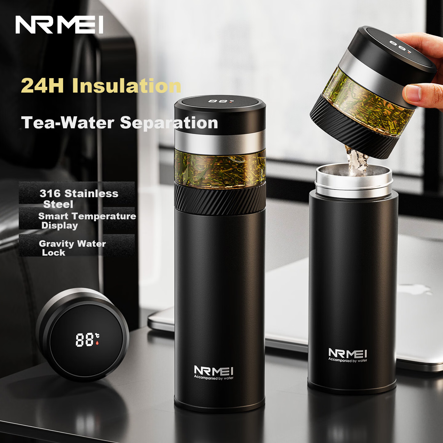 NRMEi Insulated Tea Separation Smart Water Bottle 316 Stainless Steel Men's Business Office Car Travel Gift Cup