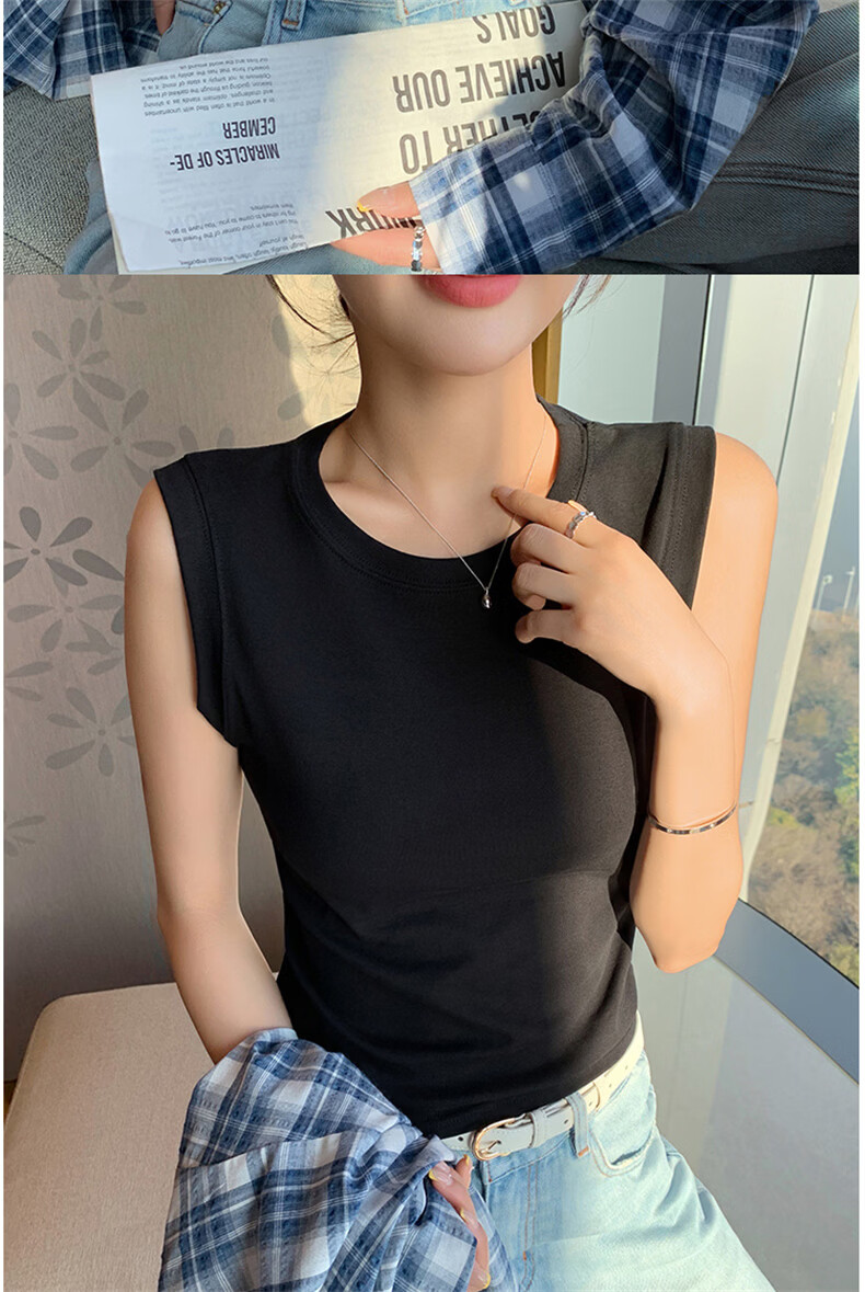 Langsha White Vest Tank Top for Women Spring Summer New Sleeveless Round Neck Camisole with Side Coverage 13
