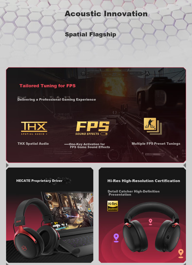 EDIFIER HECATE G3 Wireless 2.4G Wired Bluetooth Quad-Mode THX Spatial Sound Over-Ear Gaming Headset for PC Wireless Delta FPS PUBG Panda White 4