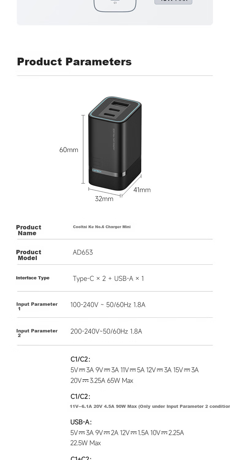 CUKTECH CoolTech No.6 Mini GaN 90W Multi-Port Type-C Fast Charger PD 65W/45W for Apple Xiaomi Samsung Phones and Laptops Single Unit Version 11