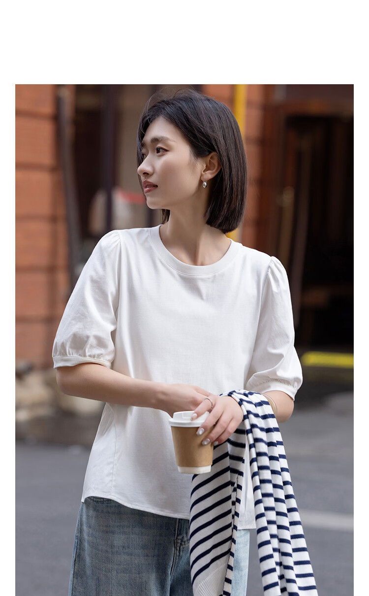Demana [Oxygen Pure Cotton] Summer Lazy Style Round Neck Puff Sleeve Hem Splicing Loose Slim T-Shirt for Women Premium Feel 2