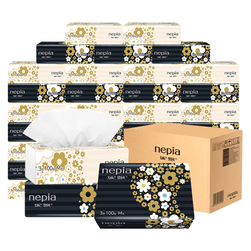 Nepia Floral Tissue Paper, Extra Large And Thick, 3-Ply, 100 Sheets Per Pack, 36 Packs, Facial Tissues, Toilet Paper, Whole Box