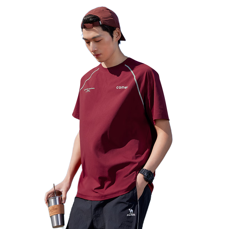 CAMEL Men's Sports Casual T-Shirt Round Neck Short Sleeve Quick-Dry Running Top C16BAYL6056 Dark Lychee Red S